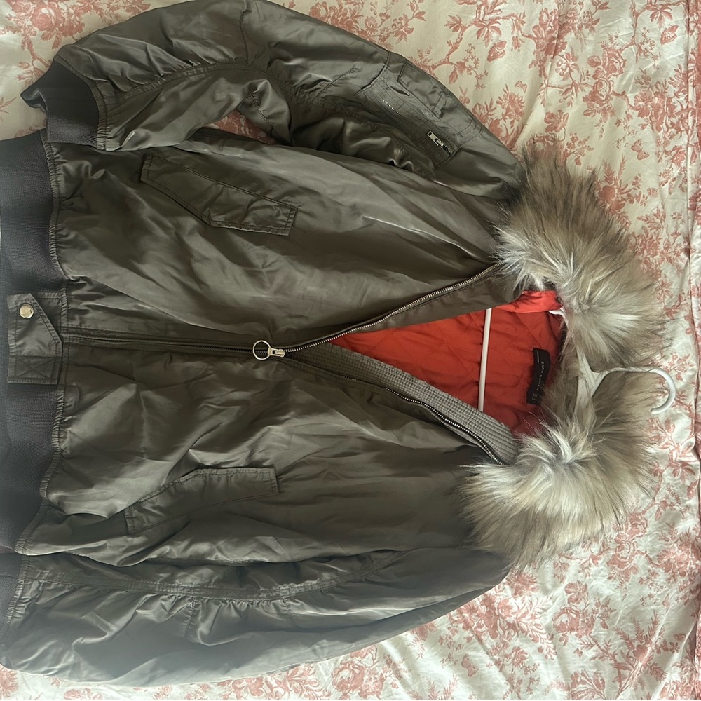 Zara Olive Bomber Jacket with Fur Trim